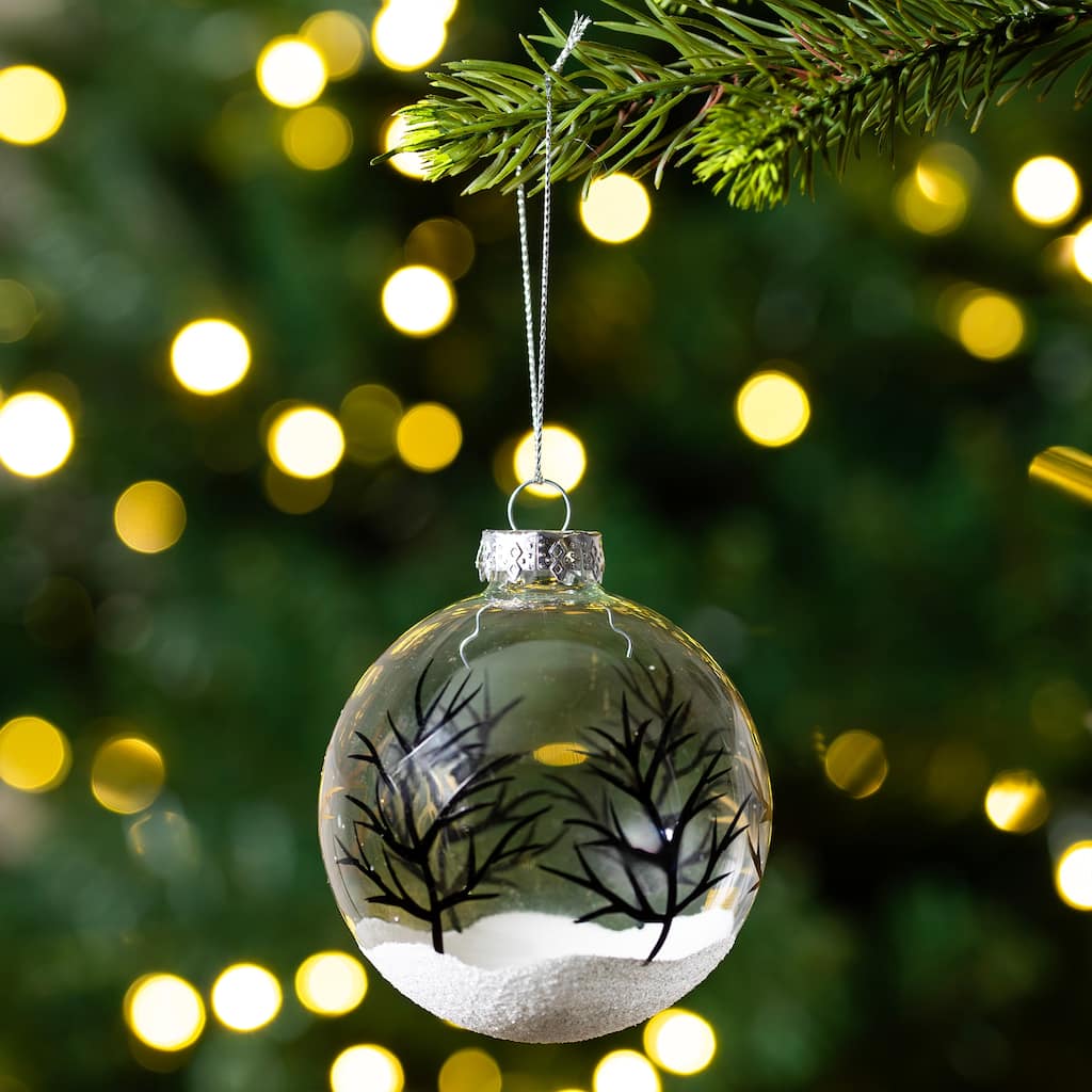 4ct Clear Frosted Winter Tree Glass Christmas Ball Ornaments 3.25"
