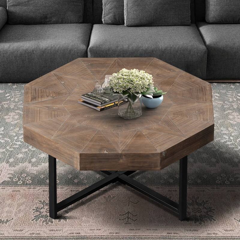 30" Octagonal Wood Coffee Table with Cross Metal Base, Farmhouse Vintage Style - Antique brown
