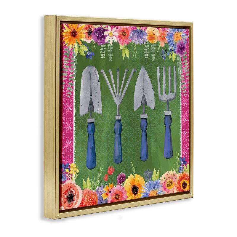 Stupell Gardening Tools & Floral Border Framed Floater Canvas Wall Art Design By Nicole DeCamp