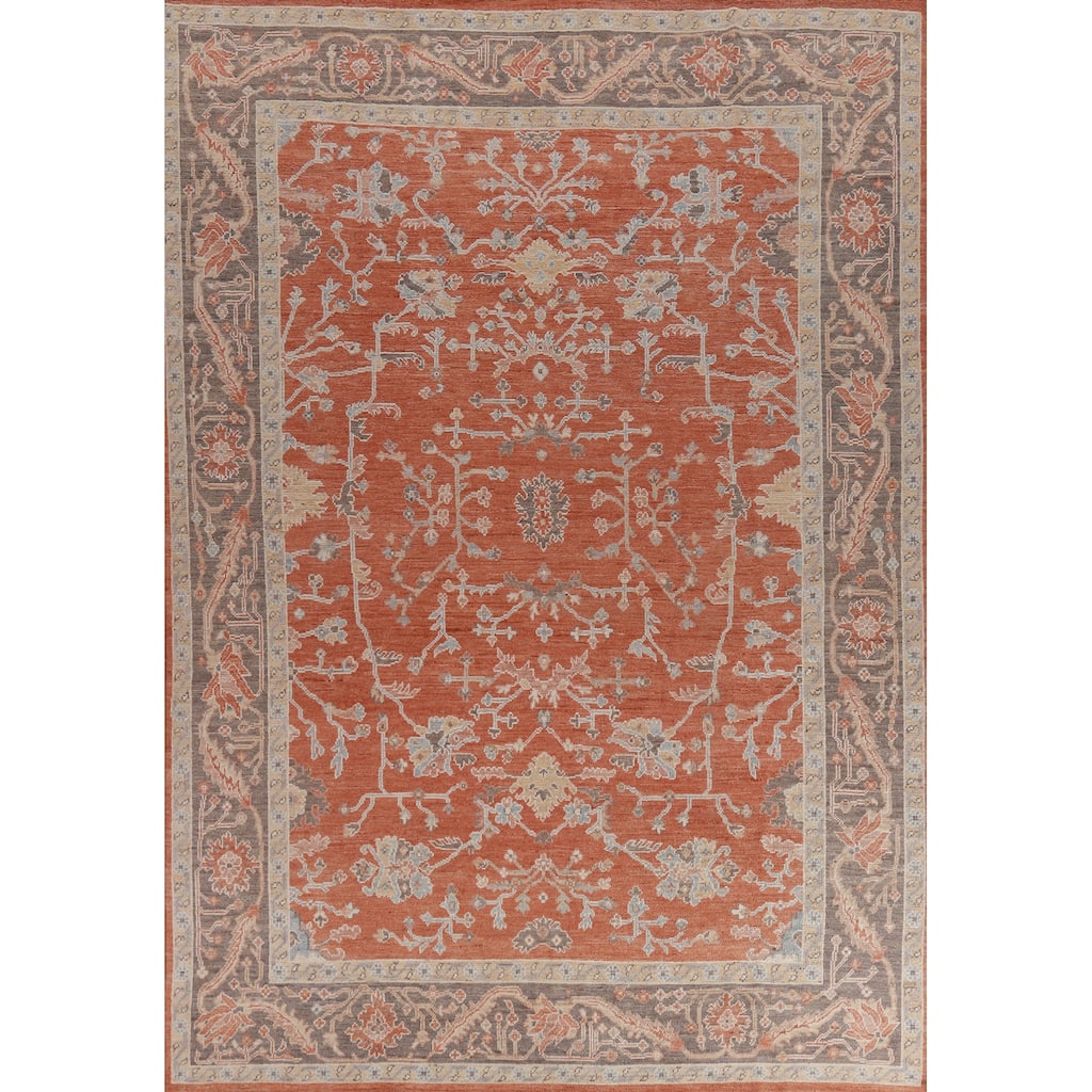 Hand Knotted Oriental 100% Wool Carpet Transitional All-Over Oranges & Rust Oushak Area Rug - 12' 4'' X 9' 3''