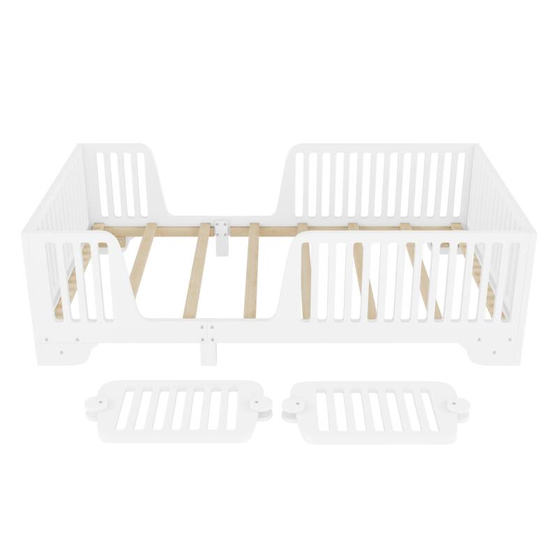 Montessori Floor Bed with Detachable Door, No Box Spring Needed, Kids Platform Bed with Slats and Fence