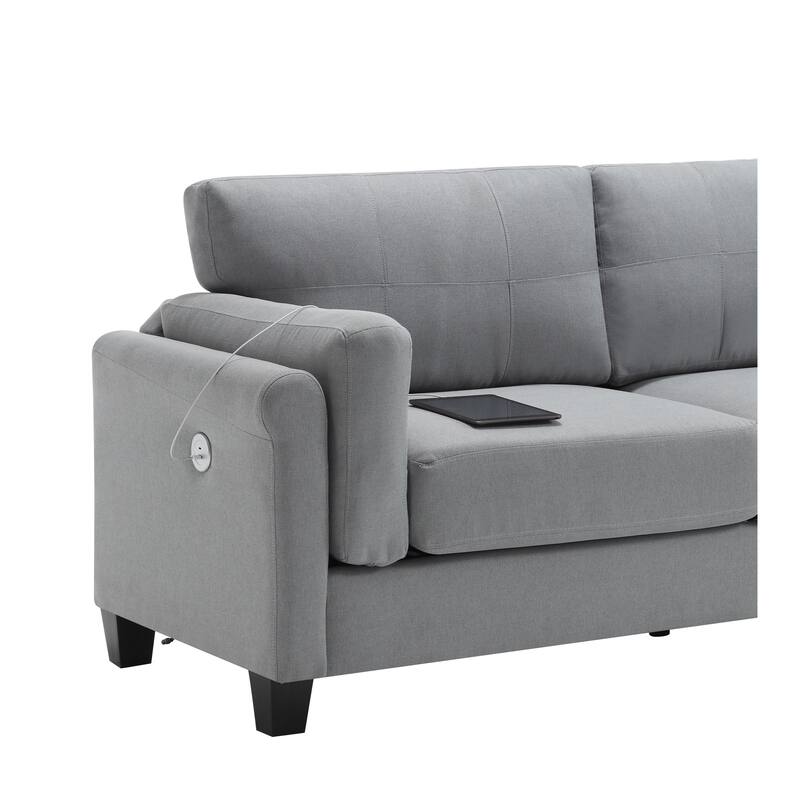 Modern 3-Seat Sofa Couch with USB Charging Ports, Button Tufted Linen Upholstered Sofa for Living Room, Home, or Office