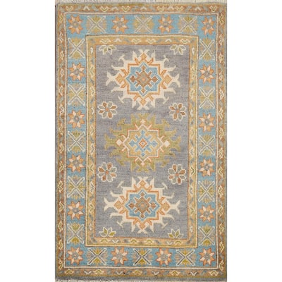 Gray Geometric Kazak Accent Rug Hand-Knotted Wool Carpet - 2'1"x 2'10"