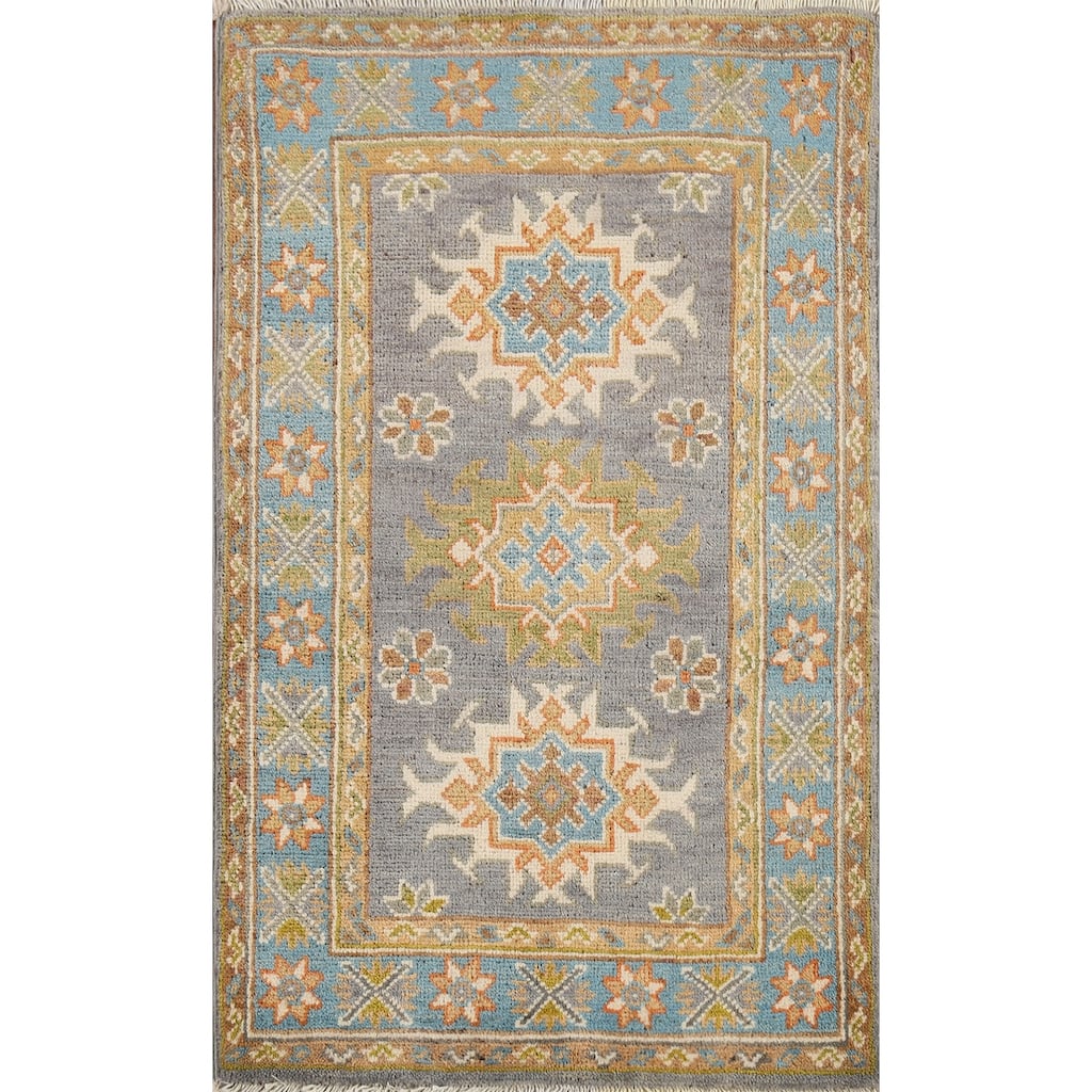 Gray Geometric Kazak Accent Rug Hand-Knotted Wool Carpet - 2'1"x 2'10"