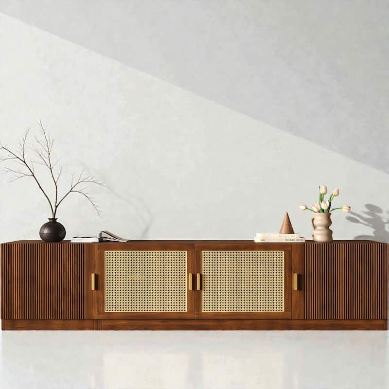 78" Mid-Century TV Stand for TVs Up to 85", Rattan Door Media Console with Adjustable Shelves & Cable Management