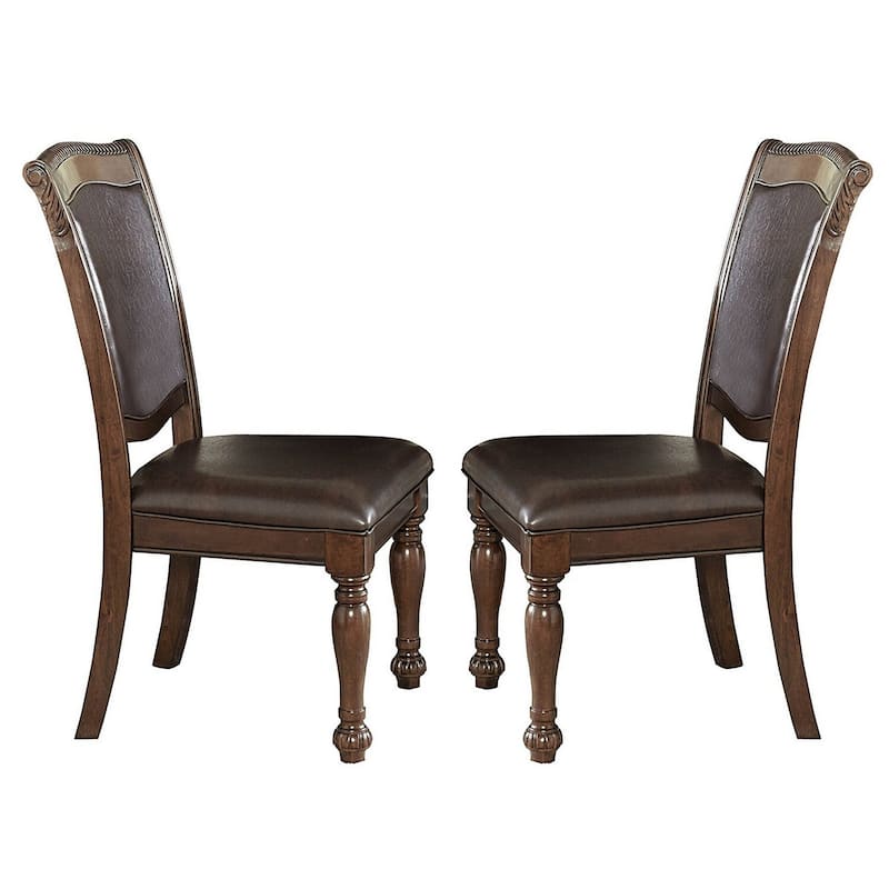 Wood and Leather Dining Chairs Set of 2, Classic Carved Side Chairs, Cherry Brown Finish - 21
