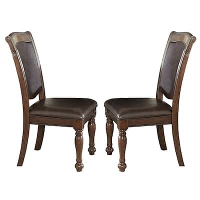 Wood and Leather Dining Chairs Set of 2, Classic Carved Side Chairs, Cherry Brown Finish - 21