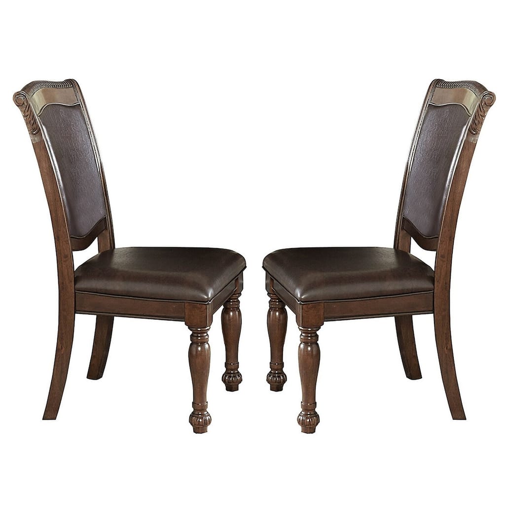 Wood and Leather Dining Chairs Set of 2, Classic Carved Side Chairs, Cherry Brown Finish - 21