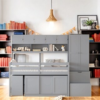 Space-Saving Design Twin Size Loft Bed with Mobile Workstation, Integrated Wardrobe, Storage Staircase