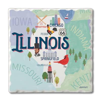 Absorbent Stone Beverage Coasters - Set of 4 - - State Attractions - IL - Multi-60