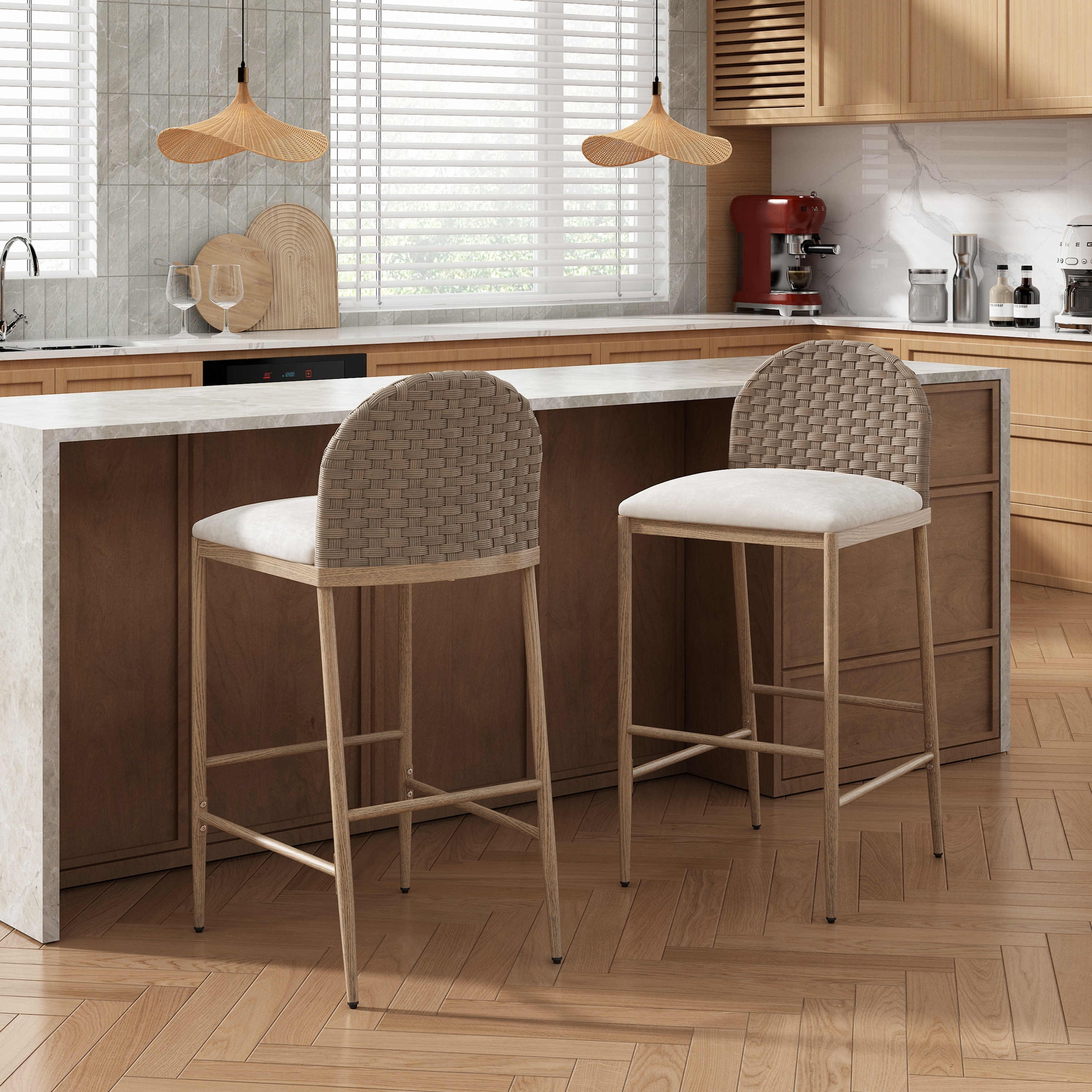 29.5" Farmhouse Barstools Set of 2,Upholstered Armless Iron Counter Stools with rattan Backrest for Kitchen Dining