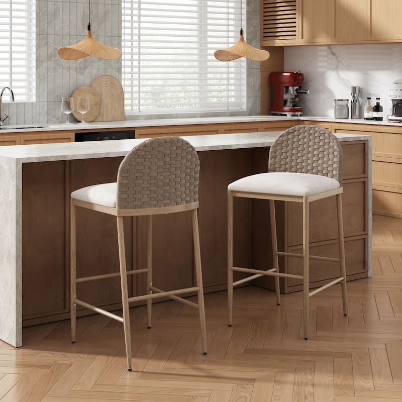 Christopher Knight Home - Esme Barstool in Iron & Rattan with Upholstered Cushion (Set of 2) - Brown