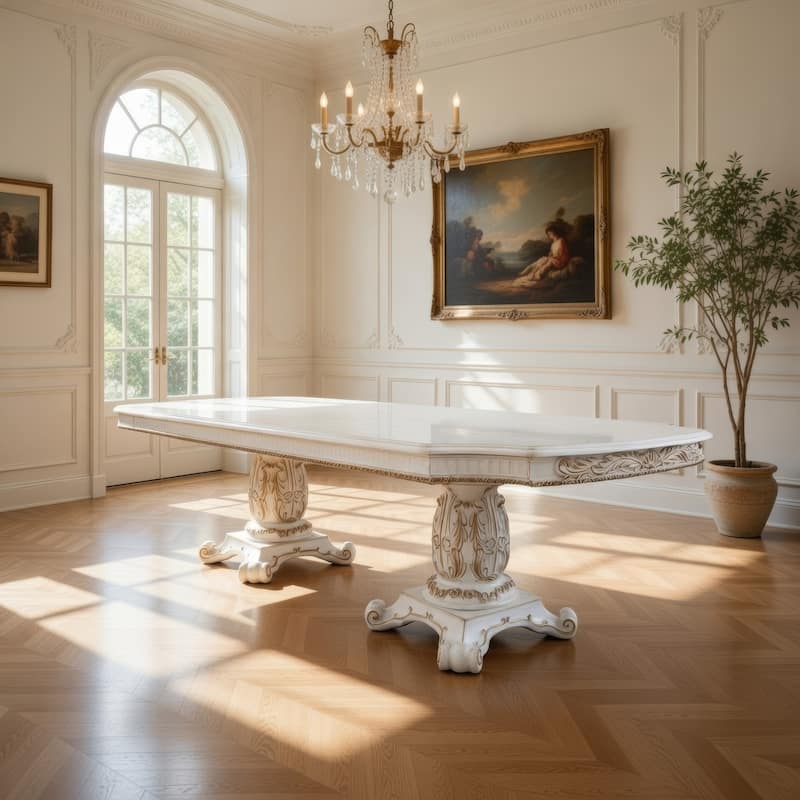 Antoine Dining Table, Carved Double Pedestal, 94-136 Inch, Pearl White