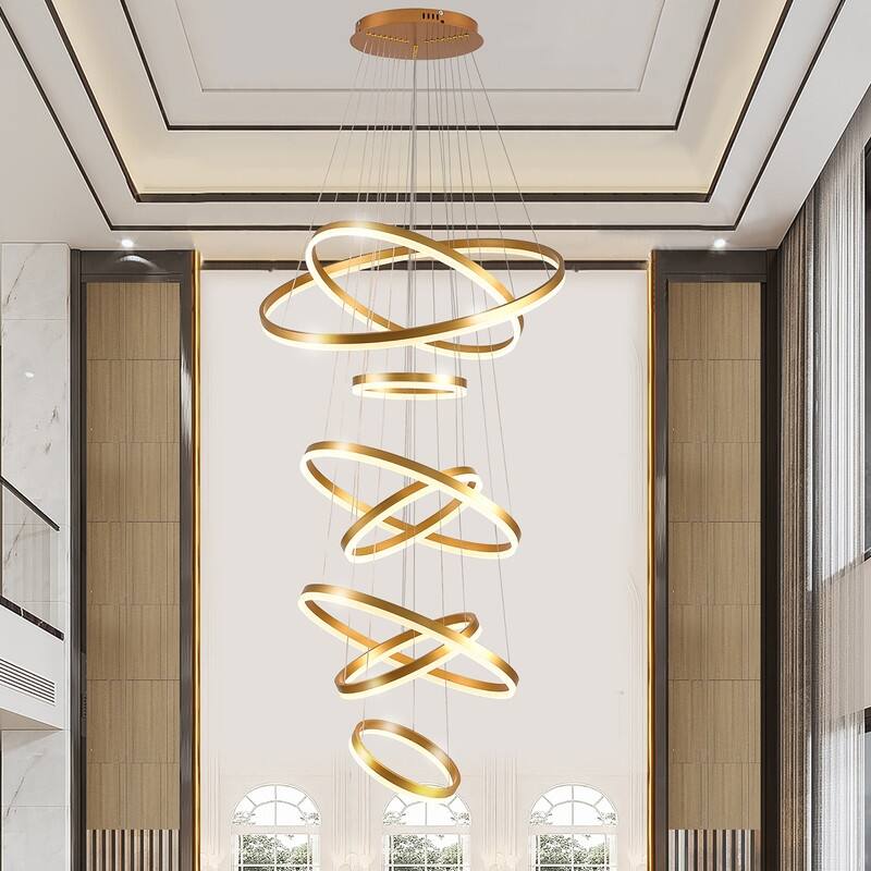 Gold 8 Ring Modern LED High Ceiling Chandelier Dimmable Light Fixture - 31.5x31.5x157in - Gold