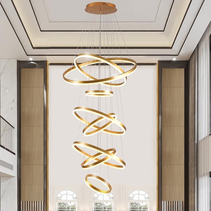 Gold 8 Ring Modern LED High Ceiling Chandelier Dimmable Light Fixture - 31.5x31.5x157in