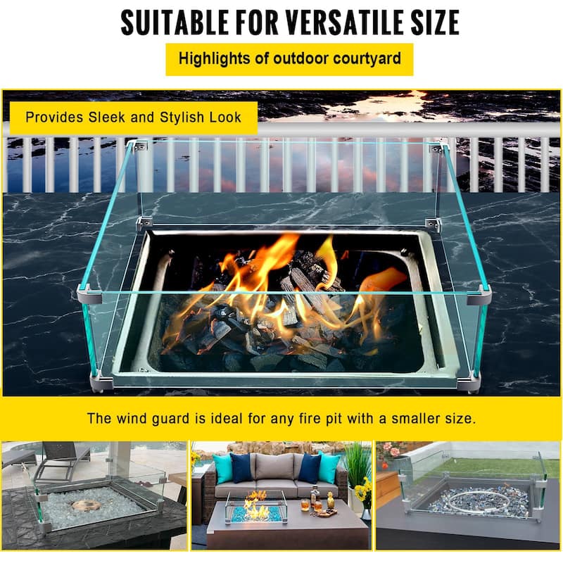 Clear Tempered Glass Fire Pit Guard with Alloy Brackets - 14" L x 14" W x 6" H