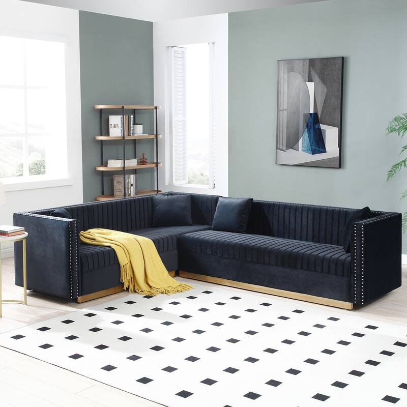 Black 100.8'' Modern Velvet Corner 6-Seat Sectional Sofa with 4 Cushions and Vertical Channel Tufting, Perfect for Living Room