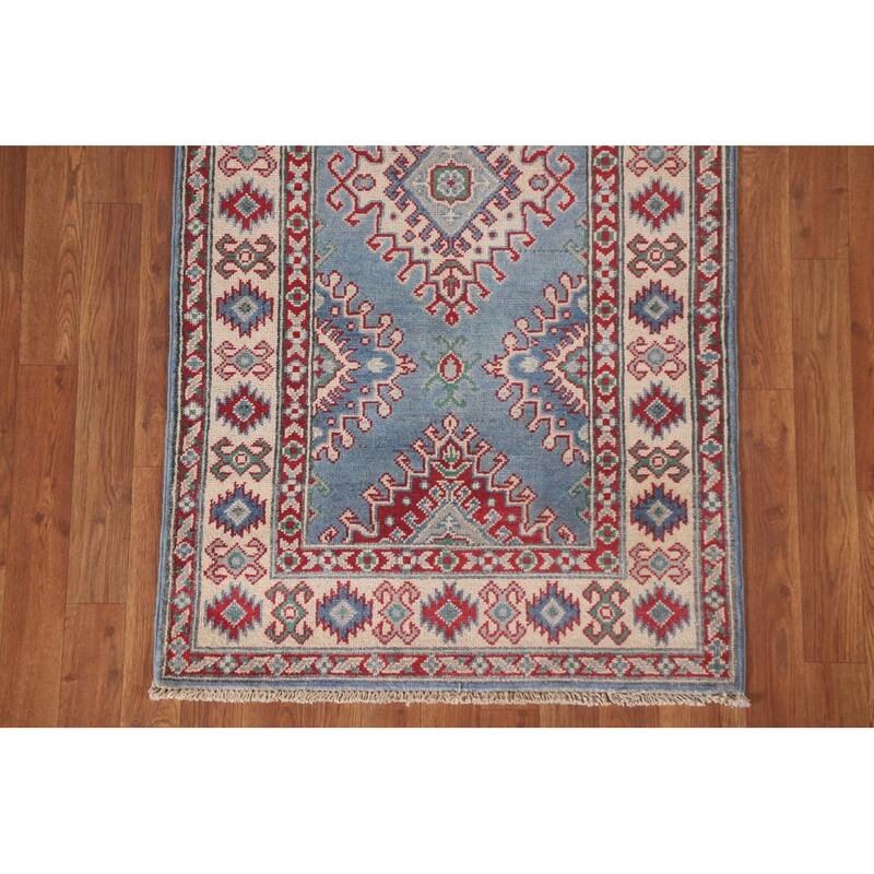 Hand Knotted Oriental 100% Wool Carpet Traditional Geometric Navy Blue & Blues Kazak Runner Rug - 8' 11'' X 2' 9''