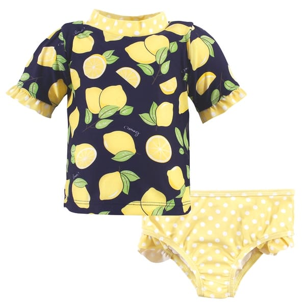 slide 1 of 1, Hudson Baby Infant Girl Swim Rashguard Set, Navy Lemons 12-18 Months - Navy Lemons