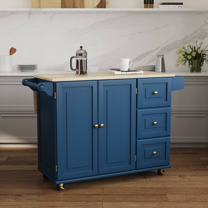 Homestyles Mobile Kitchen Island Cart with Wood Top and Dropleaf Breakfast Bar - Wood/MDF - Blue