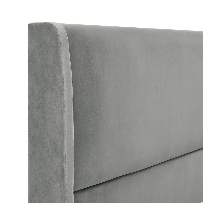 Gray Queen Size Modern Style Platform Bed with Wingback Design Velvet Headboard for Bedroom