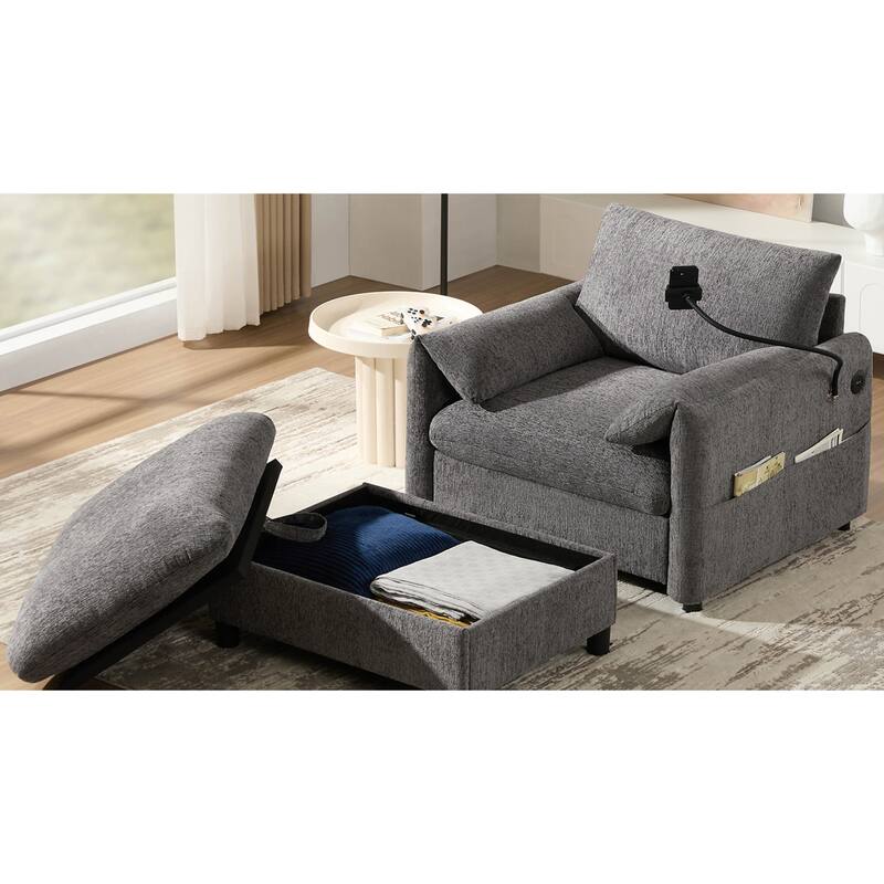 Roomfitters 37" Single Sofa with Storage Ottoman, Chenille Armchair with Phone Holder and Charging Ports, Lounge Chair