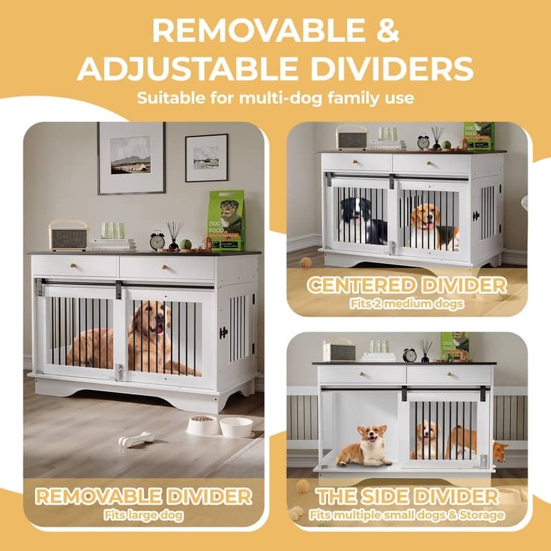 Wooden Dog Crate Kennel Furniture with Barn Door 2 Storage Drawers Removable Divider