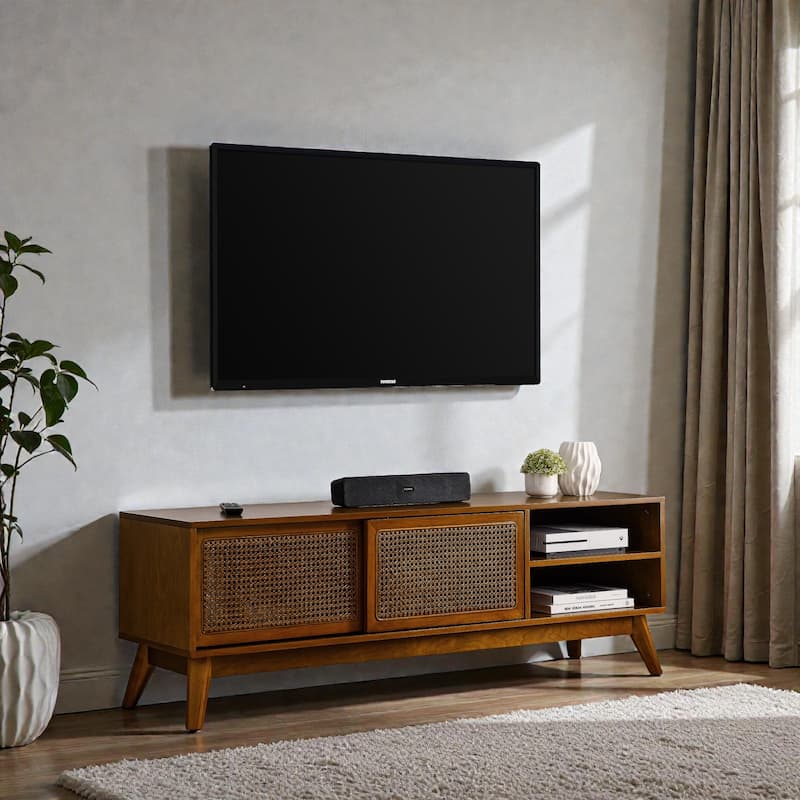 Mid Century Modern 59" Rattan TV Stand for 65" TV, Media Console with Solid Wood Legs and Storage Cabinet