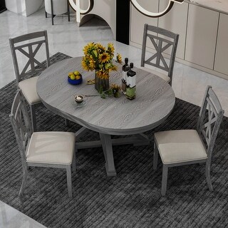 5-Piece Retro Functional Dining Table Set with Extendable Round Table ...