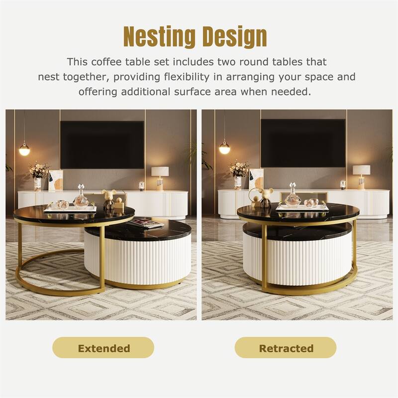 31.5" Modern Round Wood Nesting Coffee Table with Drawer