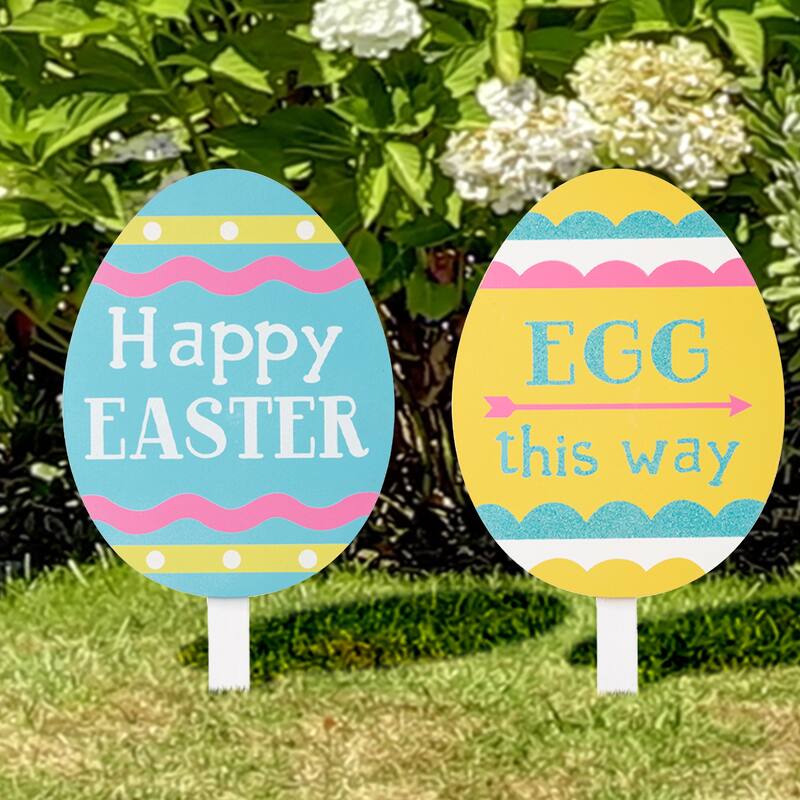 Glitzhome Set of 3 Easter Eggs Wooden Sign Yard Stakes