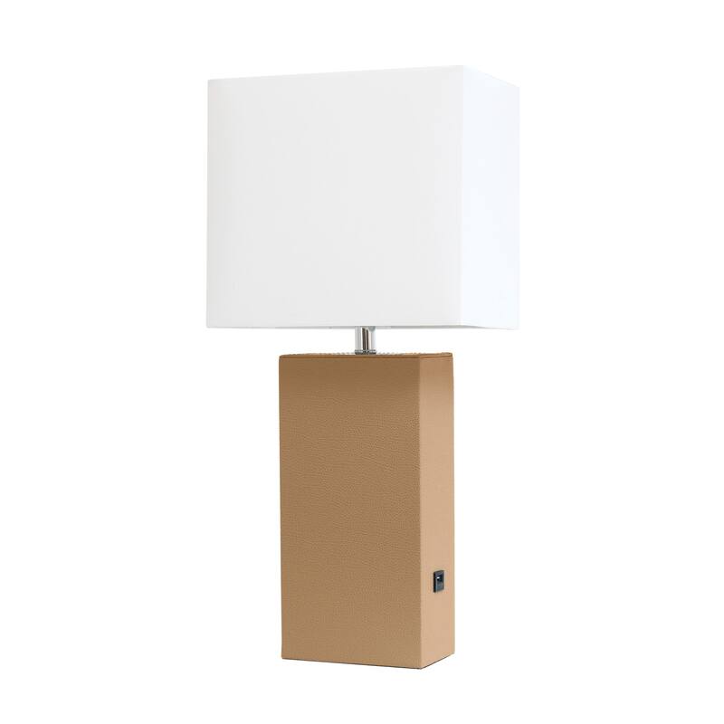 Modern Leather Table Lamp with USB and White Fabric Shade - Without Bulb - Beige