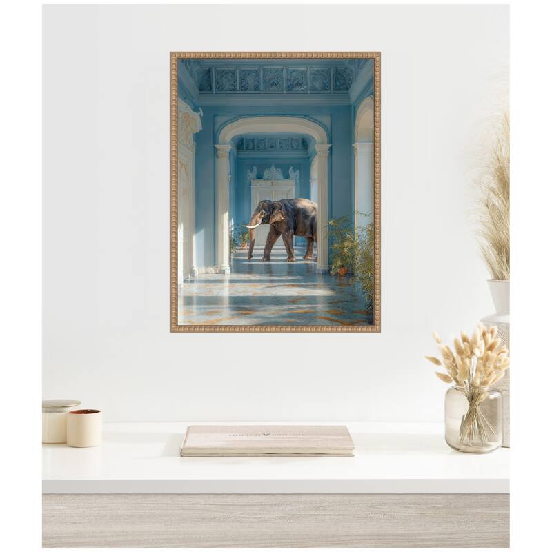 Kate and Laurel Elephant Strolling Through the Blue Wing by Michael Schauer Framed Canvas Wall Art Print