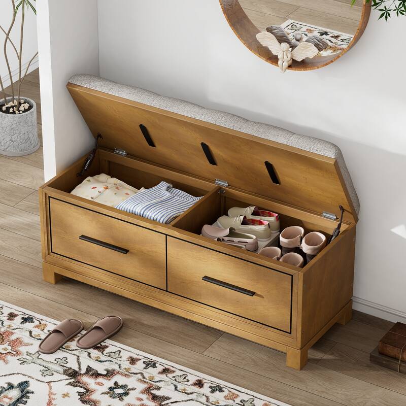 Shoe Bench with Removable Cushion and Hidden Storage - Natural