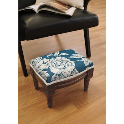 Navy Blue Peony Footstool with wood stained finish
