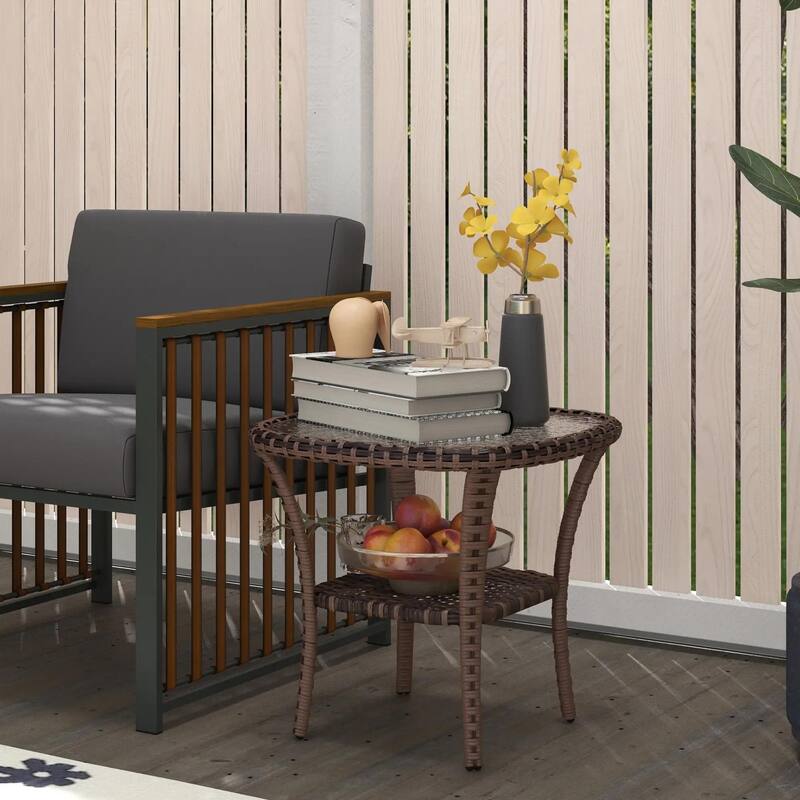 Hand-Woven Wicker Coffee Table,Wave Glass Top, Storage Shelf, Outdoor