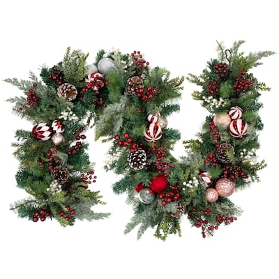 Pre-Decorated Peppermint Ornaments Artificial Pine Christmas Garland - Unlit - 6'