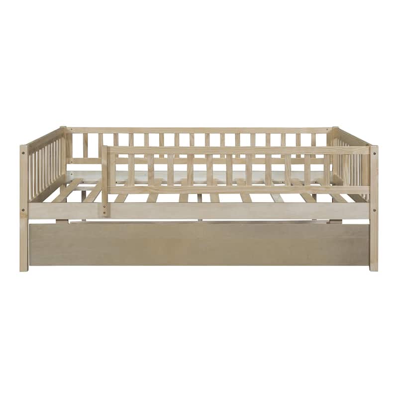 Full Size Platform Bed Wood Daybed with Trundle and Fence Guardrails