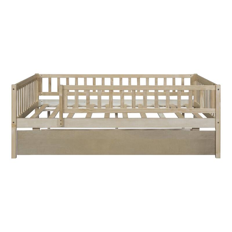 Full Size Wood Daybed with Trundle and Fence Guardrails, Space-Saving Design