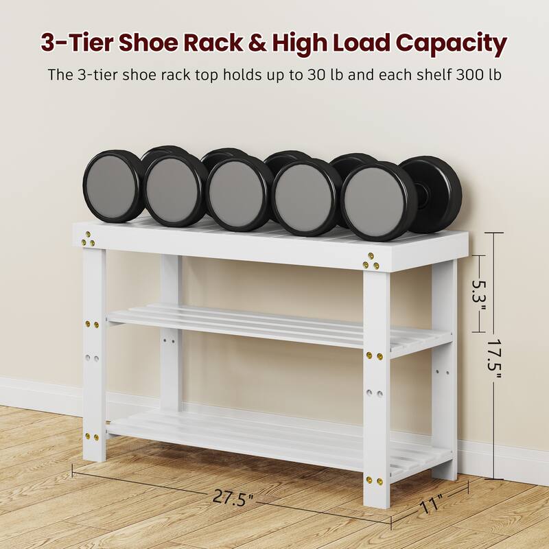 Bamboo Shoe Bench,3-Tier Shoe Rack,Entryway Bench with Cushion and Adjustable Shelves,Shoe Rack for Entryway,Living Room