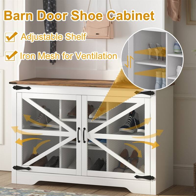 Farmhouse Hall Tree with Bench & Shoe Storage, Mudroom Storage Cabinet Coat Rack for Hallway