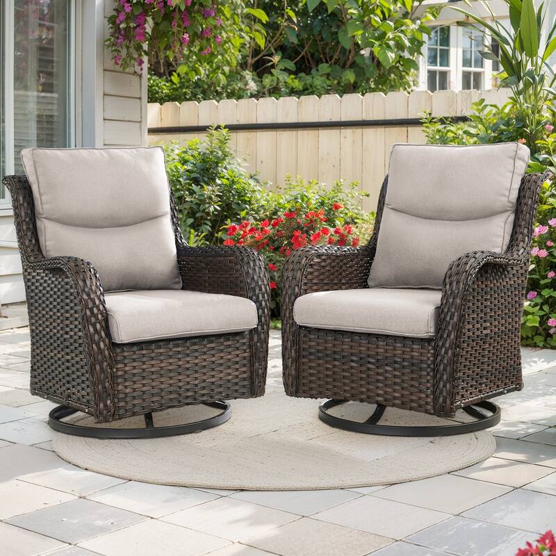 Outdoor Swivel Rocker Patio Wicker Chair with Thick Cushions - Beige - Brown
