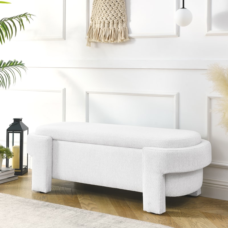 Oval Storage Bench End of Bed Storage Ottoman Benches Linen Fabric Upholstered Ottoman Bench w/ Large Storage Space for Bedroom