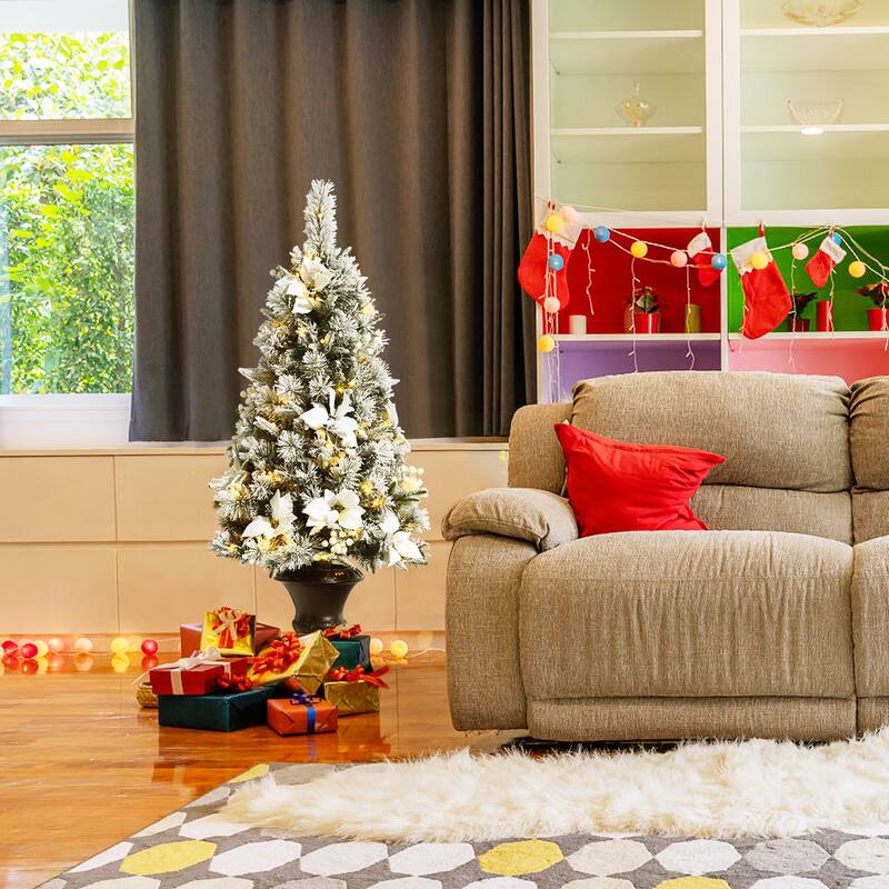 Gymax 4 FT Pre-lit Christmas Entrance Tree Snow Flocked Xmas Tree w/ - See Details