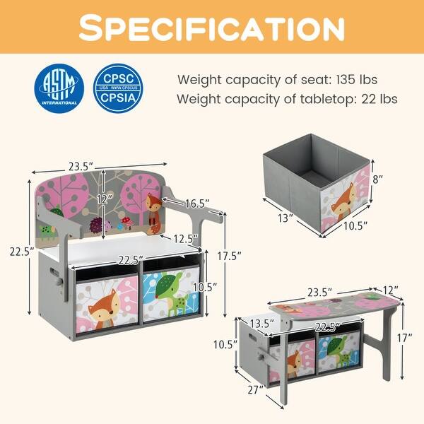 dimension image slide 0 of 2, 3 in 1 Kids Convertible Activity Bench with 2 Removable Fabric Bins - 21" x 22" x 58"
