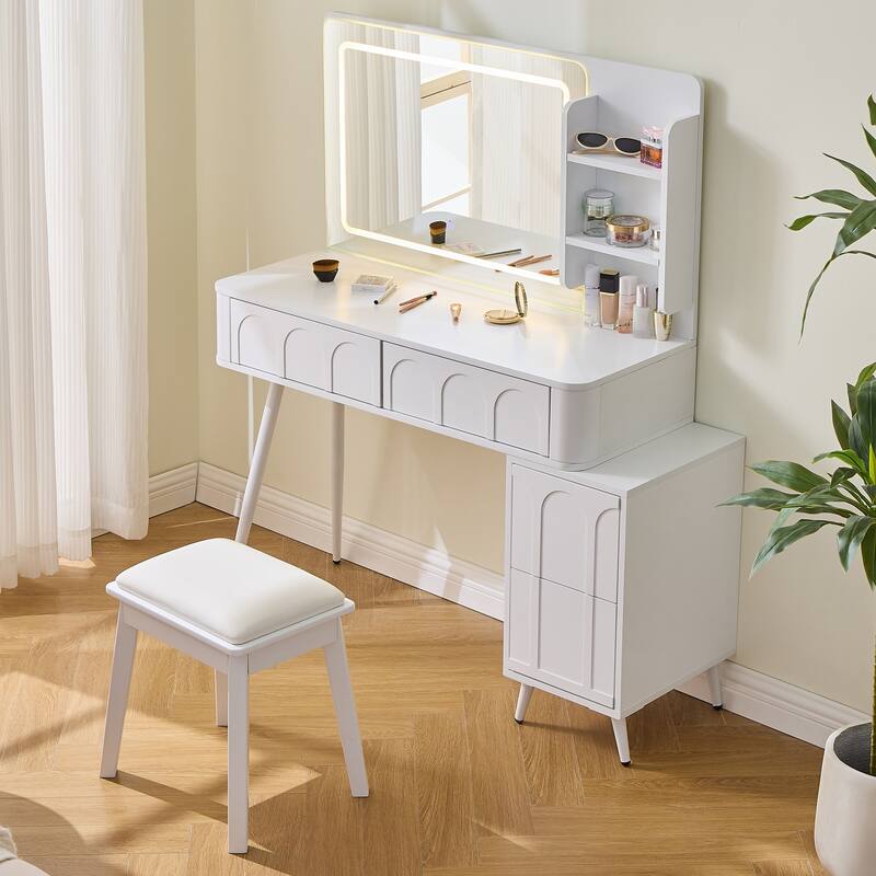 Modern Makeup Vanity Desk with LED Lights & Mirror, Extendable Dressing Table Set with Stool, 4 Drawer & Side Cabinet