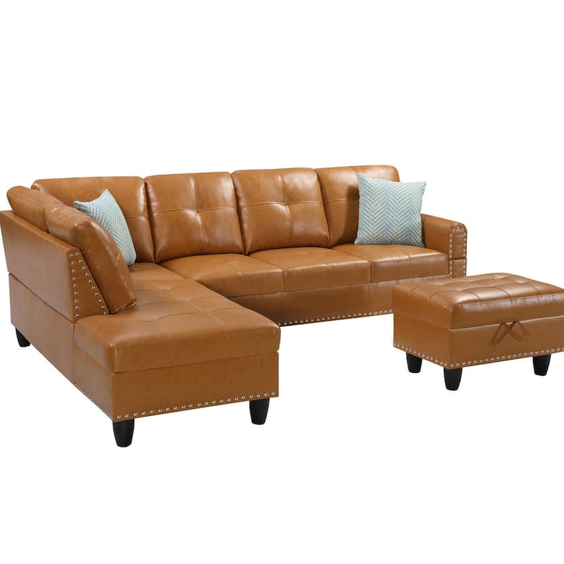 Wood Frame Faux Leather Storage Sectional Sofa with Ottoman & Cup Holders