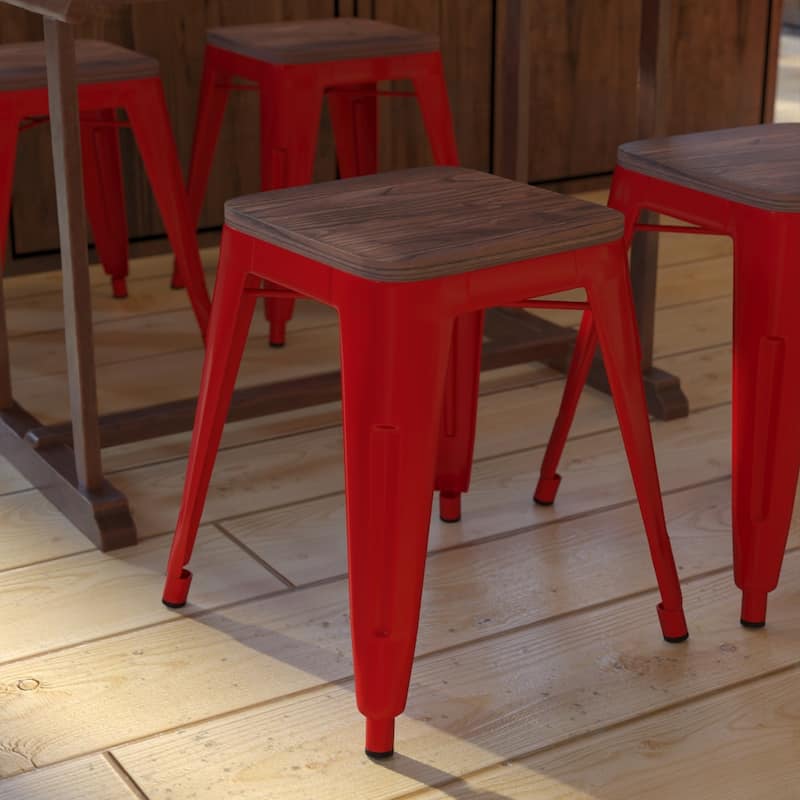 Set of 4 18" Table Height Indoor Stackable Metal Stool with Wood Seat