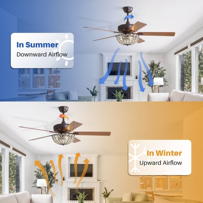 Sofucor 52" Ceiling Fan with Light Remote, Classical Crystal Chandelier fan, 5 Blades & Reverse Airflow, Black