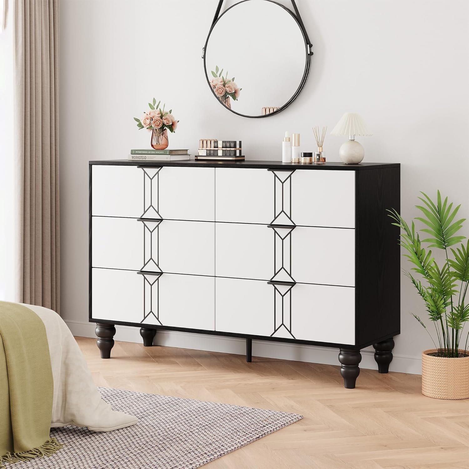 Modern Wooden Vintage Pattern Dresser, Tall Closet Chest with Deep Drawers for Bedroom Living Room Entryway